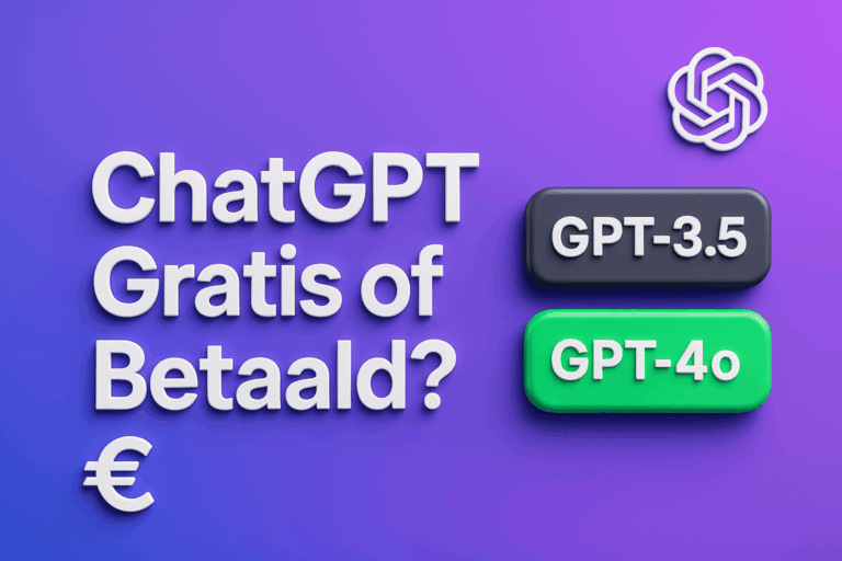 3D-afbeelding met de tekst ‘ChatGPT Gratis of Betaald?’ op een glanzende paars-blauwe achtergrond, met knoppen voor GPT-3.5 en GPT-4o en het OpenAI-logo – visuele vergelijking tussen gratis en betaalde versies