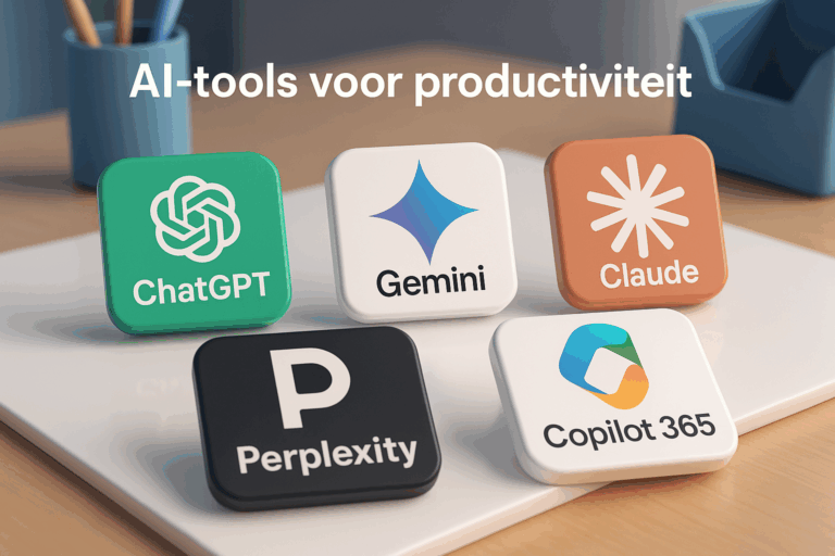 Illustratie van vijf AI-tools voor productiviteit met logo’s van ChatGPT, Gemini, Claude, Perplexity en Copilot 365 op gekleurde knoppen.
