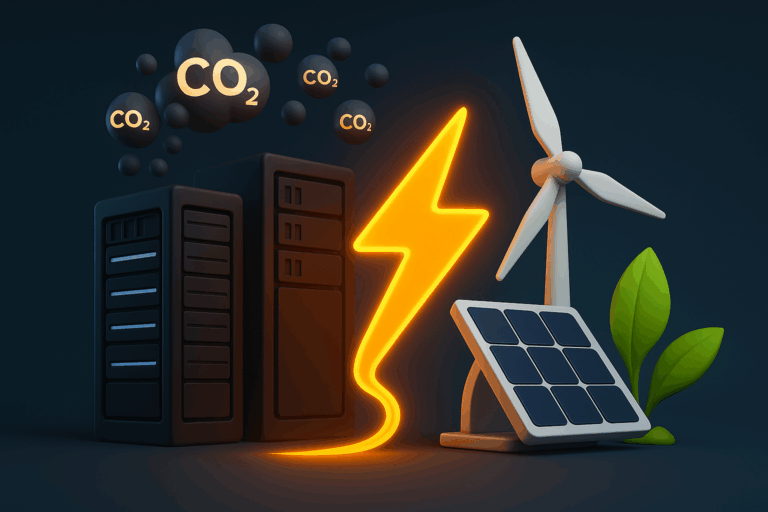 3D-illustratie van een datacenter dat veel CO2 uitstoot, tegenover duurzame energiebronnen zoals een windturbine, zonnepaneel en groene bladeren, verbonden door een gloeiende bliksemschicht. Het symboliseert het contrast tussen energieverslindende AI-technologie en potentieel duurzame verbeteringen.
