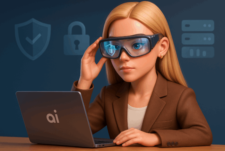 3D-avatar S.A.N.N.E. bekijkt AI-tool met veiligheidsbril, omringd door pictogrammen voor privacy en beveiliging – symbool voor veilig en verantwoord gebruik van Gen AI.
